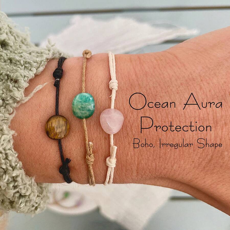 3 Stücke (1 Set), Boho Ozean Aura Armbänder Set, Schutzarmband, Urlaubsarmbänder, verstellbares Kordelarmband, asymmetrische Steinform, Geschenk für Frauen - bunt - Übersicht 1