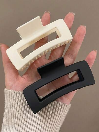 2Pcs Large Matte Non-Slip Hair Claw Clips, Neutral Square Cutout Rectangular Hair Jaw Clips For Thick Hair, For Women & Girls Summer Black, Off-White