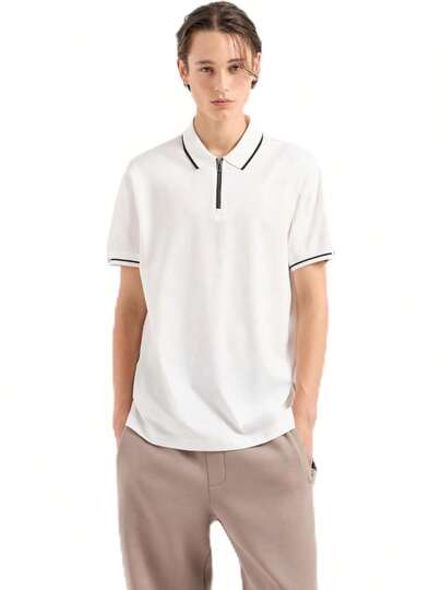 Armani Exchange Men's Tipped Mercerized Cotton Regular Fit Zip-Up Polo