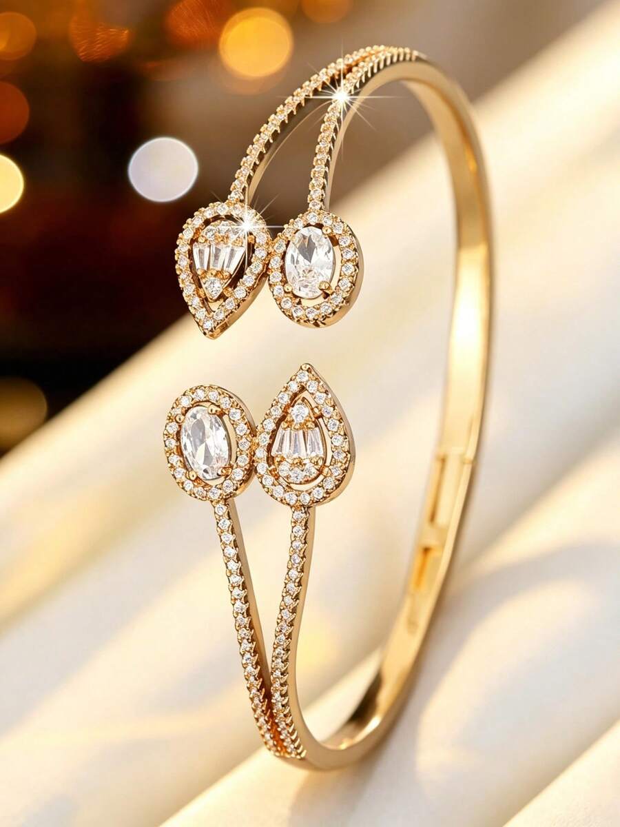 1pc Women's Fashion Luxury Water Drop Open Cuff Bracelet, Designer High-End Versatile Elegant Zirconia Inlaid Bangle, Commute & Party Elegant Accessory - Bracelet - View 1
