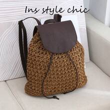 Solid Drawstring Backpack Purse, Smooth Faux Leather Flap Decor Adjustable Shoulder Straps Spacious Storage Bag For Daily Commute Travel - Coffee - View 4