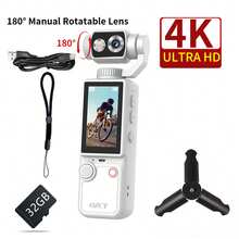 Pocket HD 4K 手持運動攝影機，180° 手動旋轉鏡頭，內建補光燈，自動對焦，2000mAh 長效電池，5MP 像素，適合初學者與青少年的輕巧相機，附 32GB 記憶卡 + 三腳架 + 手持掛繩 + 數據線，適用 Vlog 拍攝、旅行、騎行、滑雪、錄影，輕巧便攜耐用（無人臉追蹤拍攝） - 查看 17