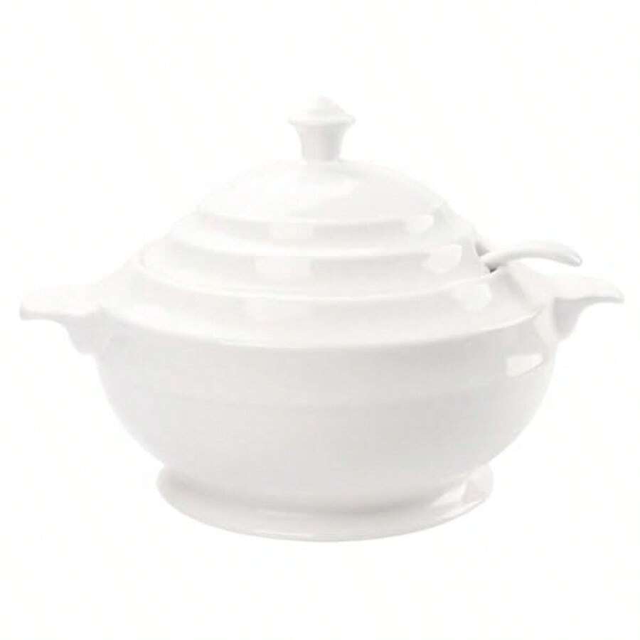 Casserole Dish With Serving Handle, Soup Pot 1.6-Quart, French White Ceramic Tureen With Lid And Ladle, For Dinner And Party, Microwave, Dishwasher, Oven 10.2 Inch - View 1