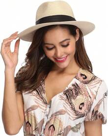 Sombrero de paja de ala ancha para mujer Lanzom, estilo Panamá, enrollable, para playa, con protección solar UPF50+ - Rojo - Ver 6