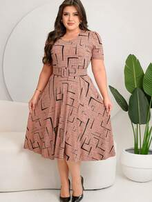 GODÊ MIDI DRESS WITH FULL SKIRT WITH BELT AND GEOMETRIC PRINT - Beis - Ver 8