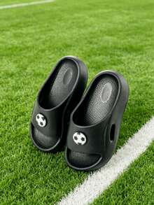 HAHABOBO New Black Boys' Football Print Slip-On Slides, Indoor/Outdoor Use, Suitable For Home/Bathroom/Walking, All-Season - Black - View 3