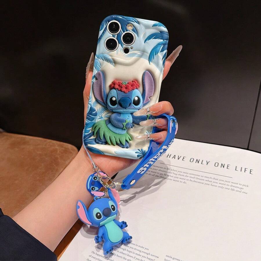Disney Lilo And Stitch Phone Case : 3D Fluffy Pattern Border Protector Phone Soft Phone Case With A Free Cute Stitch Bracelet Chain Lanyard, Stitch, Lilo, Angel, For Apple 17 Promax 17 Pro 16 15 14 13 12 11 Pro Max XS Max X XR Soft Cover Summer Phone Case - 白色 - 查看 1