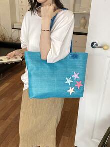 Summer Beach Bag, Straw Woven Large Capacity Women's Handbag, Decorated With Sunflowers And Starfish, Perfect For Beach Vacation, Shopping And Dating - Blue - View 7