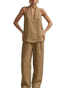 Conjunto de Dos Piezas de Lino Minimalista, Casual y Cómodo para Mujer, Top Halter sin Mangas con Cuello en V y Pantalones Anchos Holgados a Juego - Verde - Ver 16