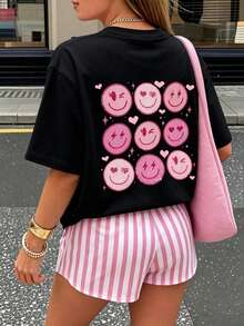 2件組美式復古卡通印花條紋拼接休閒INS風女款睡衣套裝 - 黑色 - 查看 3