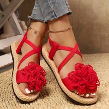 Elegantes sandalias planas florales para mujer, sandalias decoradas con grandes flores, zapatos planos casuales de punta abierta para todas las estaciones, sandalias ligeras y cómodas de est - Azul - Ver 12