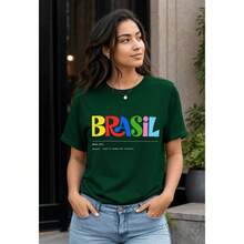 Camiseta Brasil Colorida Unissex 100% Algodão Estampa Vibrante Inspirada Na Cultura Camisa Brasileira Design Moderno Manga Curta Toque Macio Modelagem Confortável Cores Resistentes Estilo - Verde - Visão 3