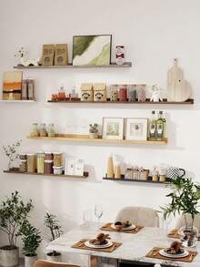 1pc White Wall-Mounted Floating Shelf For Kitchen, No-Drill Installation, Dedicated Storage For Kitchen Seasoning Jars / Dry Food Sealed Containers / Coffee Utensils! Nail-Free, No-Trace, For Tile Walls, Easy And Quick Installation, Thickened And Widened Board With Strong Load-Bearing Capacity, Moisture-Proof And Oil-Resistant, Easily Organize Oil, Salt, Sauce, Vinegar Bottles, Dry Food Jars, Kitchen Tools, Say Goodbye To Cluttered Countertops - View 8
