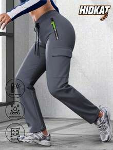 Hidkat Women Spring Autumn Stretch Cargo Pants, Elastic High Waist Drawstring Design, Waterproof Zip Pocket Straight Leg Casual Outdoor Trousers - 灰色 - 查看 1