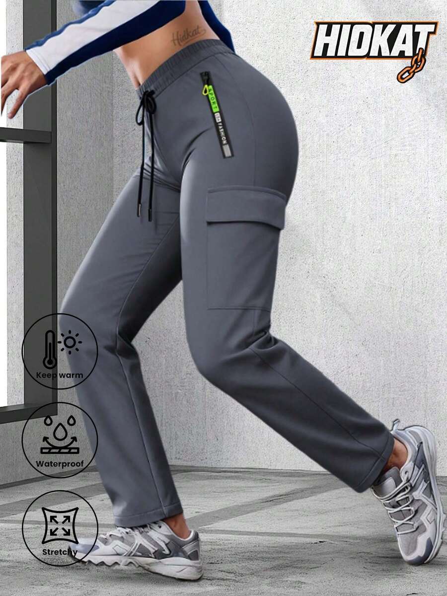 Hidkat Women Spring Autumn Stretch Cargo Pants, Elastic High Waist Drawstring Design, Waterproof Zip Pocket Straight Leg Casual Outdoor Trousers - 灰色 - 查看 1