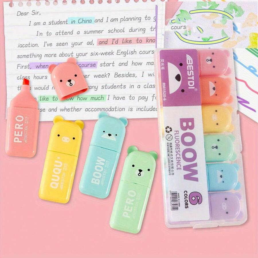 6pcs Cute Mini Bear Highlighter Set, Smooth Writing And Drawing Colorful Fluorescent Pens, Office And Study Gift, Punctuation Mini Highlighters, Eye-Protection Macaron Highlighters, Line Marking Highlighters, Permanent Highlighting Markers - Multicolor - View 1
