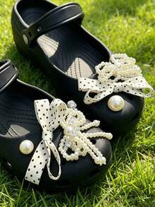 Light Luxury Elegant Ballet Style Polka Dot Bow Pearl Rhinestone 3D High-End Detachable DIY Snap Shoe Charms Accessories Niche Aesthetic Bow Pearl Compatible With Clogs - White - View 3