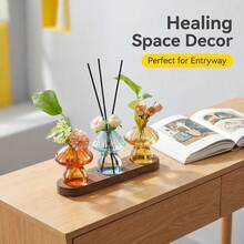 3/5 Mushroom Shaped Small Vase With Wooden Base, Hydroponic Plant Growing Station, Home Office Desk Decor, Cute Mushroom Asymmetric Bottle Body - 3pcs - View 8