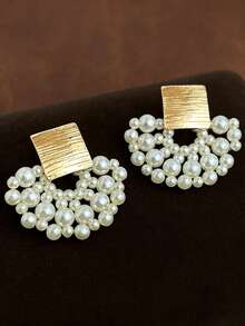 1 Pair Elegant Square Pearl Cluster Earrings, Luxury Vintage Style Women's Jewelry, Suitable For Party, Banquet, Travel And Daily Wear - Gold - View 6