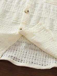 1pc Boys Hollow Crochet Shirt, 100% Polyester Breathable Textured Knit Button-Up Top, Vintage Bohemian Style Teen Boy Summer Short Sleeve Vacation Outfit - Beige - View 6