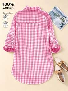 Camisa de punto de manga larga con cuello vuelto y botones, estilo vintage literario elegante casual para mujer, a cuadros, rosa, para otoño, oficina, uso diario, vuelta al cole y universidad - Rosa - Ver 4