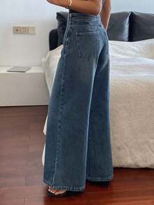 Jeans casuales de pierna recta con diseño de división de línea de cintura regular para mujer - Azul lavado medio - Ver 6