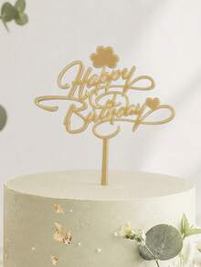 3件組金色鏡面壓克力生日蛋糕裝飾插牌，附三葉草與愛心旋渦細節，流暢手寫體字體含插棒，堅固鏡面PMMA，適用所有年齡生日蛋糕裝飾 - A - 查看 1