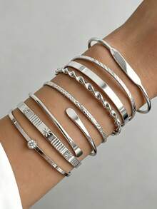 8pcs Minimalist Gold Women's Open Bangle Bracelet Set, Vintage Stackable Twisted Rope Engraved Rhinestone Bracelets, Everyday Layering Jewelry Gift - 8pcs/set - View 2