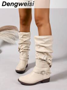 Beige Strap Buckle Slip-On Knight Boots, Chunky Heel, Round Toe, Versatile New Style, Commute, Casual, Daily, Vacation, Lazy Fashion Mid-Calf Boots - Beige - View 4