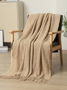 1pc Wavy Pattern Bed Throw, Nordic Style Acrylic Rectangular Tassel Solid Color Sofa Cover Blanket, Bed Decorative Blanket, Nap Blanket, Knitted Blanket - Vertical Diamond Khaki - View 5