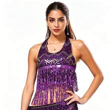 1 pieza Top de sujetador halter hecho a mano con lentejuelas y flecos con cordones, top corto de danza del vientre para mujer, atuendo estilo sari bohemio, disfraz retro para festival, rave, fiesta, discoteca, playa, ropa exótica, accesorios de playa para mujer - Multicolor - Ver 3