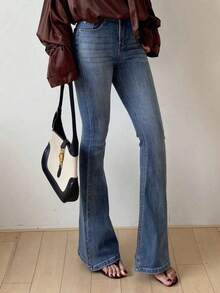 Jeans acampanados de tiro bajo con lavado azul, de ajuste ceñido y elástico, para todas las estaciones - Negro - Ver 5