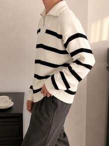 1pc Boys' Teenagers Simple Versatile Street Outdoor Daily Campus Style Sporty Colorblock Pullover Zip-Up Turn Collar Long Sleeve Sweater - White - View 3