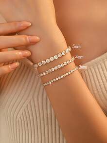2piezas/Set Pulsera de Flor de Tulipán de Circonita Cúbica con Cadena de Tenis de Cristal Pulsera de Doble Capa, Adecuada para Uso Diario, Citas, Fiestas, Ocasiones Sociales de Mujeres - Dorado - Ver 3