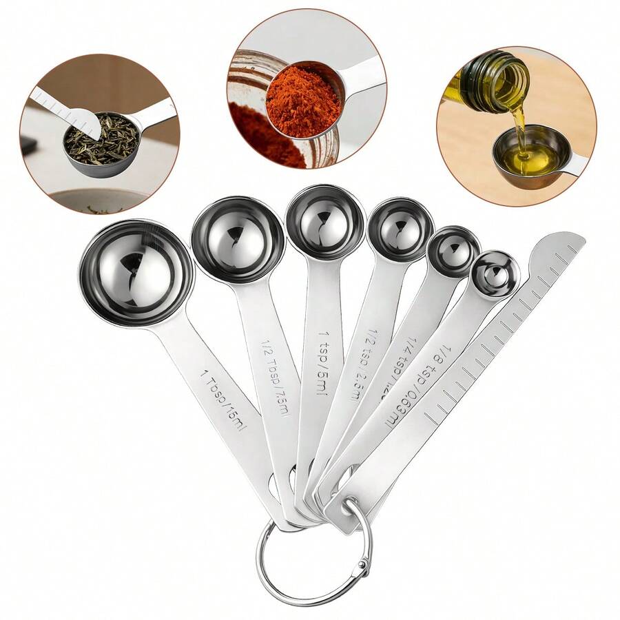 7Pcs Stainless Steel Measuring Spoons Set With Leveler, Engraved Metric & US Markings Metal Measuring Spoons For Baking Cooking And Spice Measuring - Silver - View 1