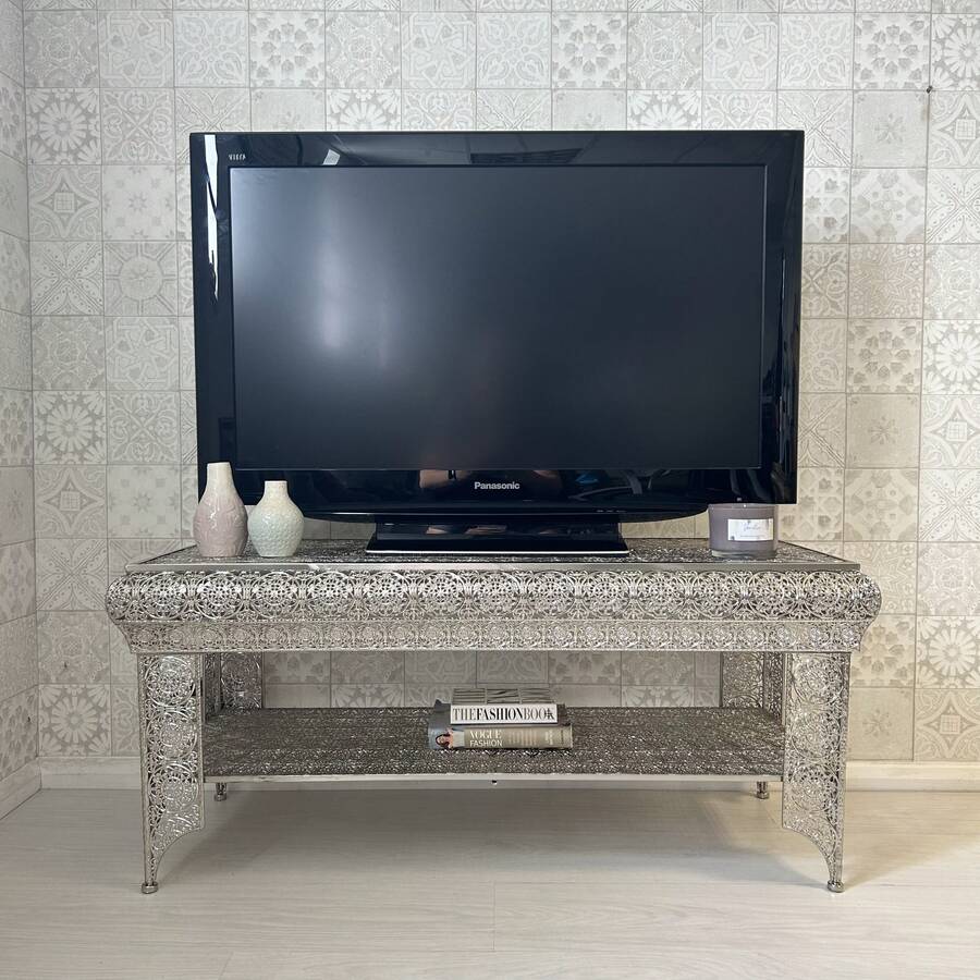 DOWNTON INTERIORS UK Silver TV Stand Unit With Shelf Embossed Metal Moroccan Style - Silver - View 1