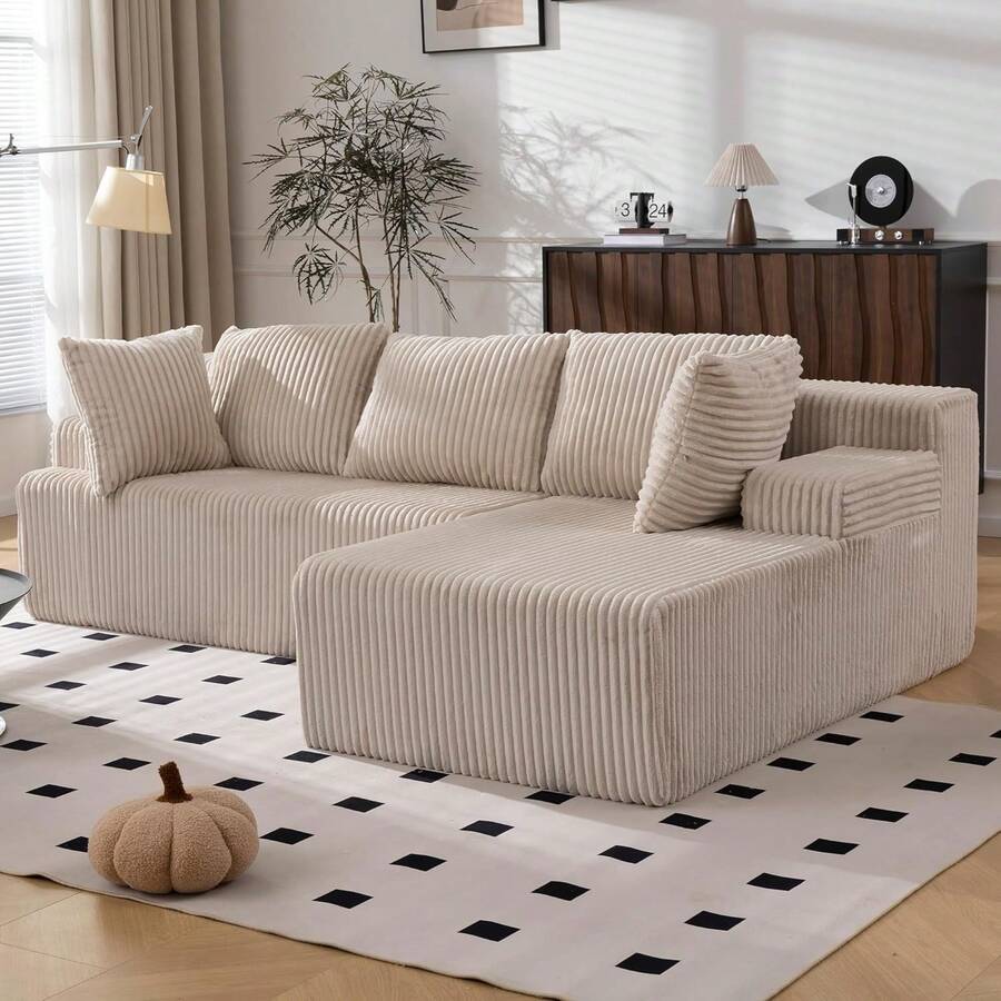 UTILIA Sofá Modular comprimido para Sala en L, Seccional con Chaise Amplia y Cojines Profundos, Estilo Nube, Tela de Pana Suave, Base Antideslizante, Asiento Amplio y Cómodo, Sofa Cama Beige - Beige - Ver 1