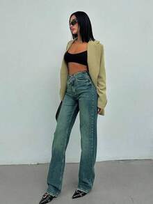 SQUALO Women's Vintage Washed Jeans With Double Button Detail - Cadet Blue - View 7