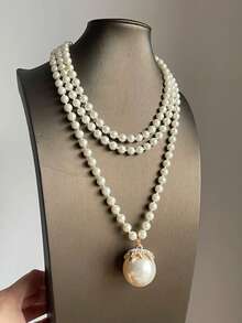 1pc Elegant Rhinestone & Faux Pearl Long Necklace, Women's Daily & Party Wear, Ideal Gift For Friends - Off-white - View 2