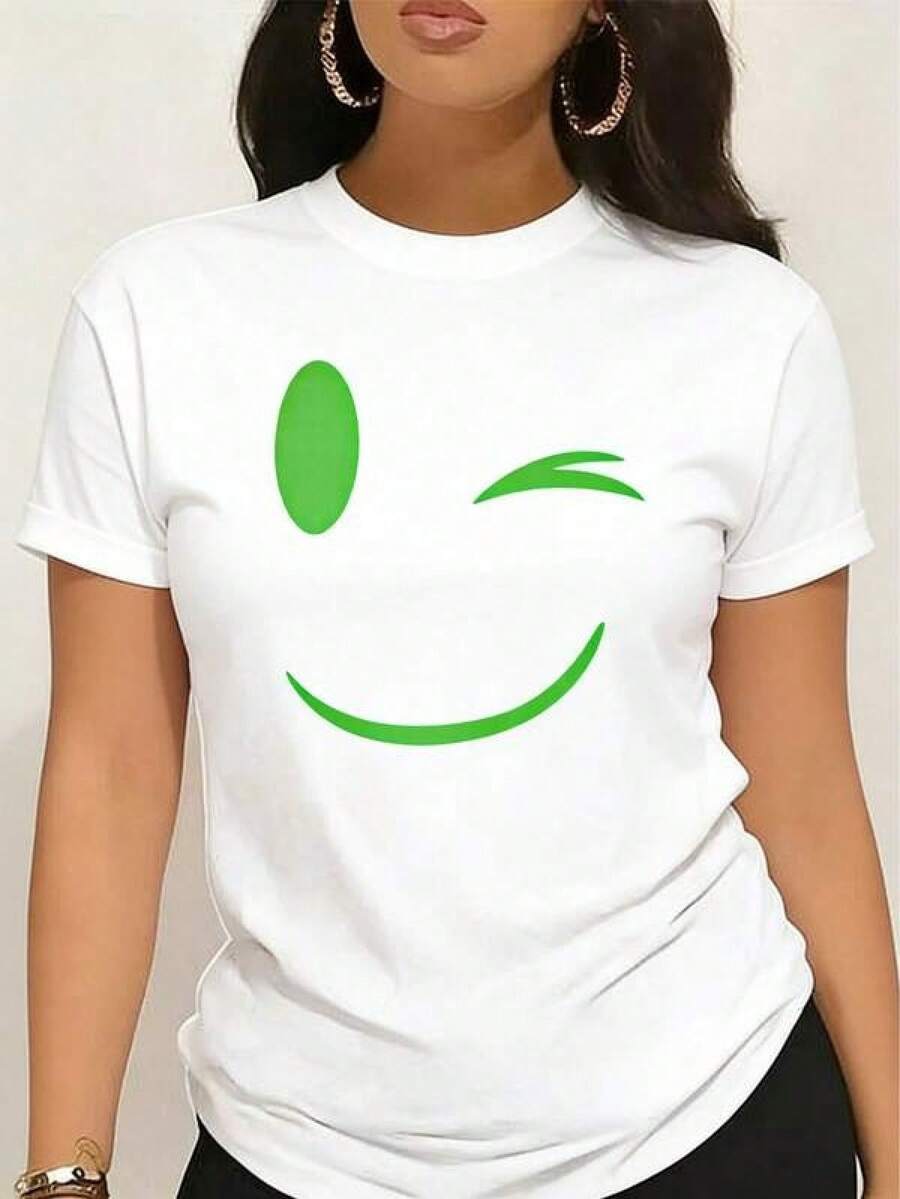 Plus Size, Women's Neon Green Glow In The Dark T-Shirt With Happy Face Print - Short Sleeve, Round Neck, Casual Glitter Print Top, Black And Lime Green, Washable - 白色 - 查看 1