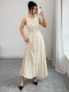 Elenzya Vestido de mujer beige liso sin mangas, abotonado simple con decoración de metal, cuello redondo, cintura ceñida con lazo, elegante, pa - Albaricoque - Ver 8