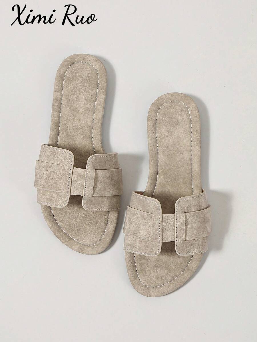 Ximi Ruo Korean Style Casual Flat Slippers For Women, Open Toe, Woven Roman Sandals, Suitable For Spring, Summer, Beach, Vacation, Pair With Dresses, Brown - Beige - View 1