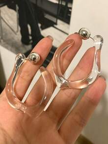 1對極簡誇張不對稱透明樹脂耳釘，歐美風獨特時尚女款耳環 - 彩色 - 查看 2