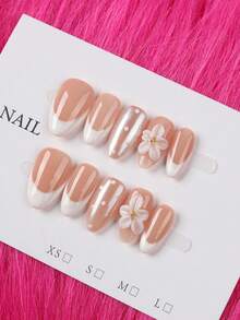 12pcs Y2K Style Short Round Handmade Press-On Nails, Minimalist White Polka Dot Design With 3D Carved Pattern, Suitable For Women And Girls Party And Daily Wear, Also As A Gift - Apricot - View 2