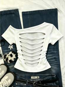 Camiseta casual de mujer con hombro asimétrico y mangas cortas a rayas - Blanco 8 - Ver 1