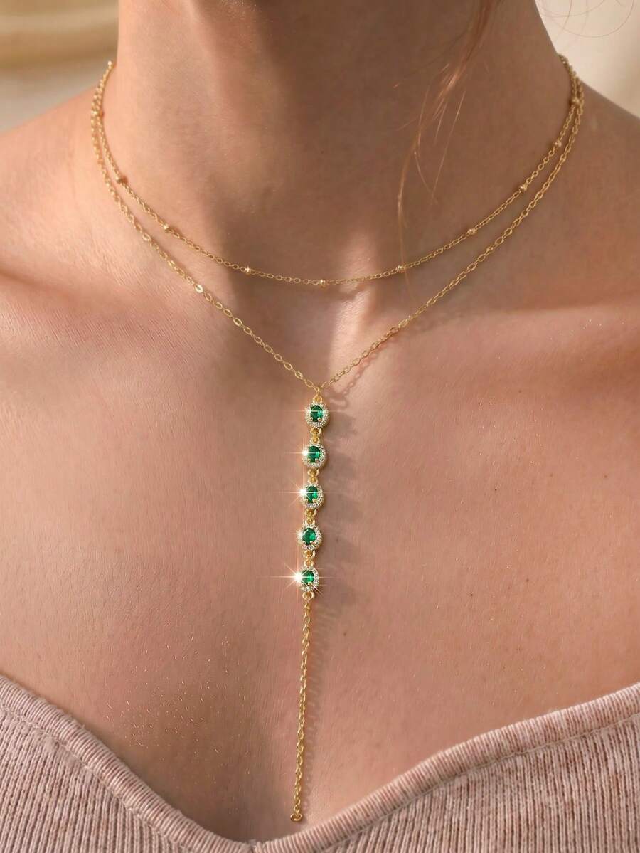 1pc European & American Vintage Double Layer Gold Chain Emerald Zirconia Halo Tassel Y-Shaped Necklace For Women, Date, Evening Party, Luxury Accessory (Positioning Bead/Random Quantity) - Necklace - View 1