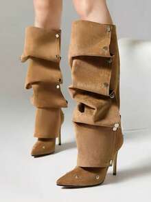Women's Studded Heavy-Duty Versatile Thin Heel Fashion Buckle Boots - Khaki - View 4