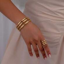 2pcs/Set Fashion Triple-Line Tubular Polished Metal Open Bangle & Ring Jewelry Set, Suitable For Women's Daily Wear And Party Use - Gold - View 6