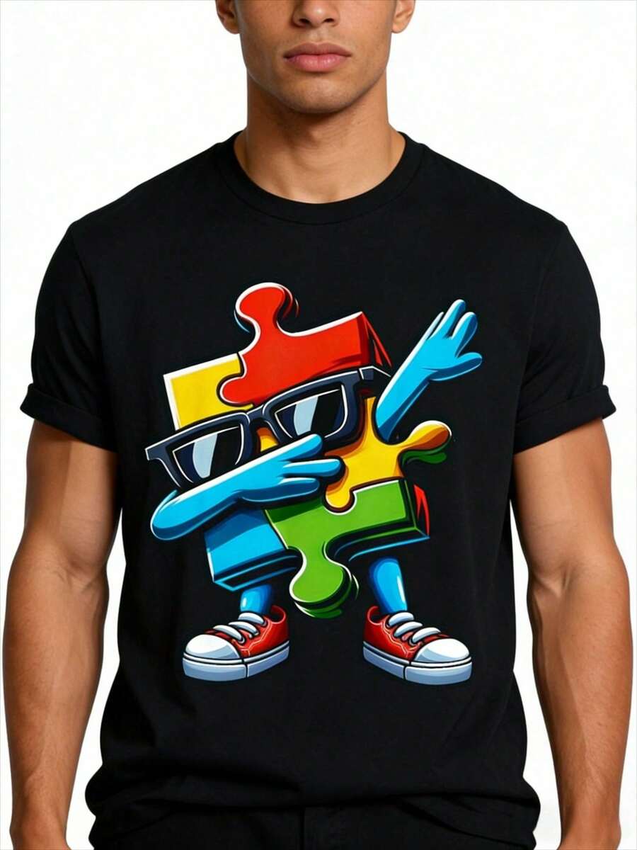 Playera casual para hombre, camiseta de verano de manga corta, cómoda y versátil, con diseño de pieza de rompecuadros de concientización sobre el autismo y estampado de Dabbing, para niños - Negro - Ver 1