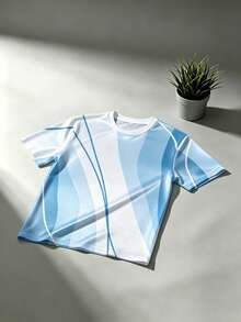男士休閒極簡系列「幾何線條短袖」圖案運動上衣－聚酯針織布料，圓領設計，標準版型，適合大尺碼 - 彩色 - 查看 2